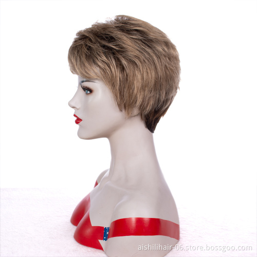 Cheap Wholesale Short Brown Wigs For Whight Women Fluffy Layered Synthetic Hair Wigs With Bangs 9 inches